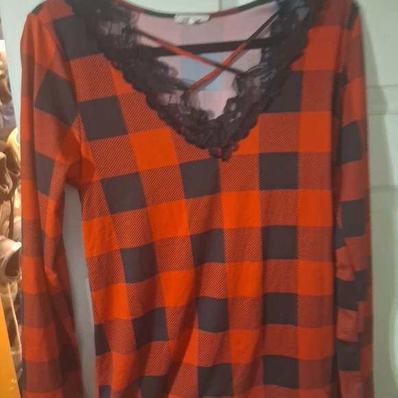 Tops - Red and Black Plaid Long Sleeve Top with Lace Trim